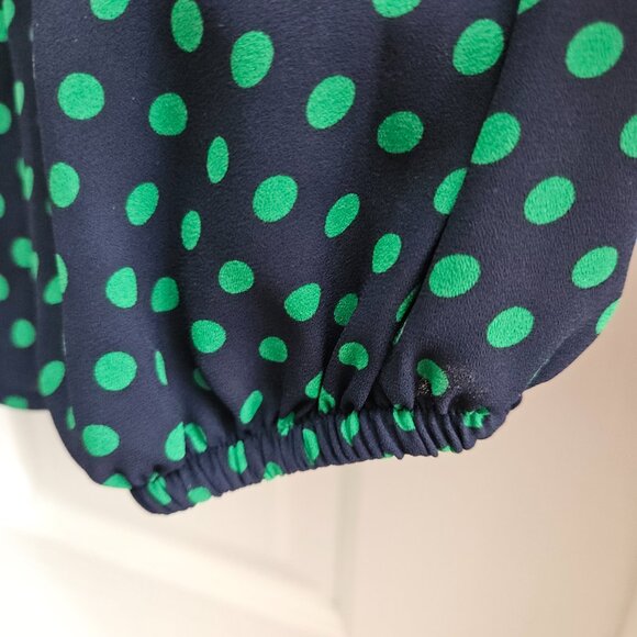 Lauren Ralph Lauren tie neck long sleeve peplum top, green polka dot, sz large - Picture 9 of 15